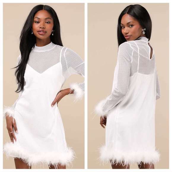 Lulus Dresses & Skirts - Lulus Immaculate Charisma White Mesh Feather Long Sleeve
Mini Dress